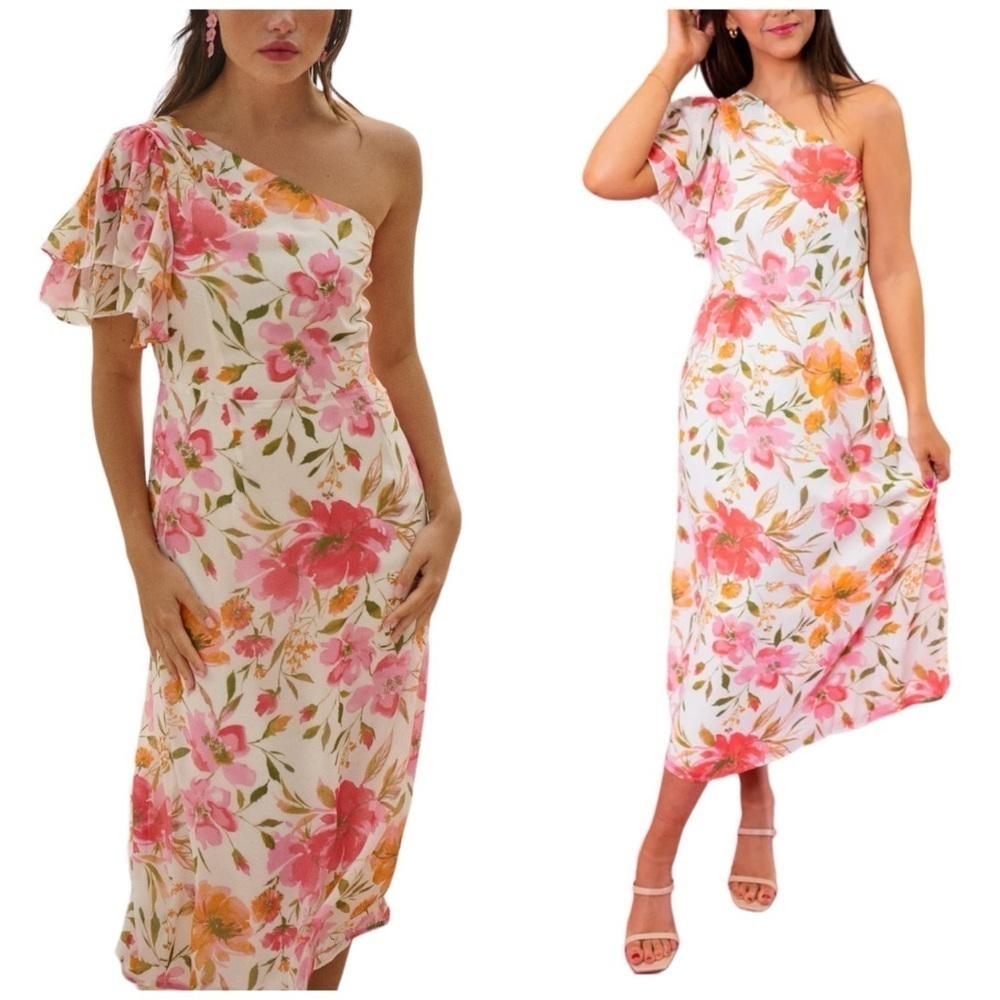 Sugarlips One Shoulder Floral Flowy Ruffle Sleeve Midi Summer Dress